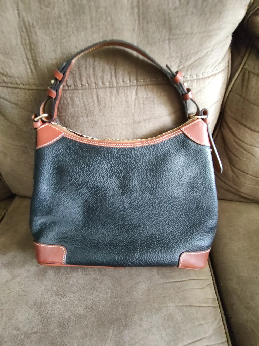 Dooney & Bourke Black Pebbled Leather Shoulder Bag with Brown Trim